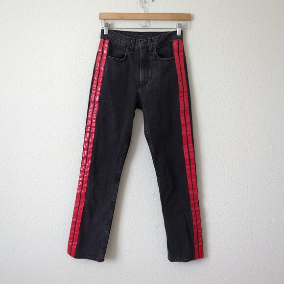 rag & bone Women's Jeans Size 23 Black Red Vinyl Side Striped High Waist Pants - Picture 9 of 12